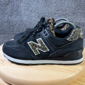 New Balance 574 Sneaker Womens Sz 8.5 Black Leopard Suede Mesh Running Sneakers